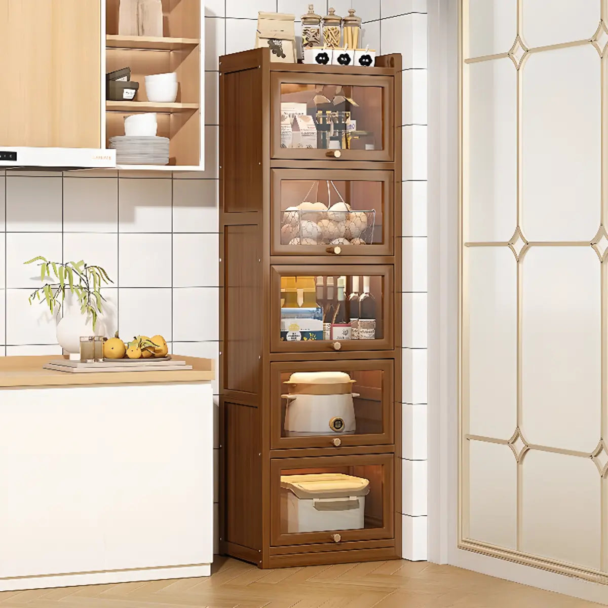 Tall Tan Wood Freestanding Sideboard with Clear Doors — Tan
