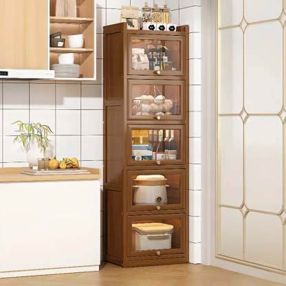 Tall Tan Wood Freestanding Sideboard with Clear Doors — Tan