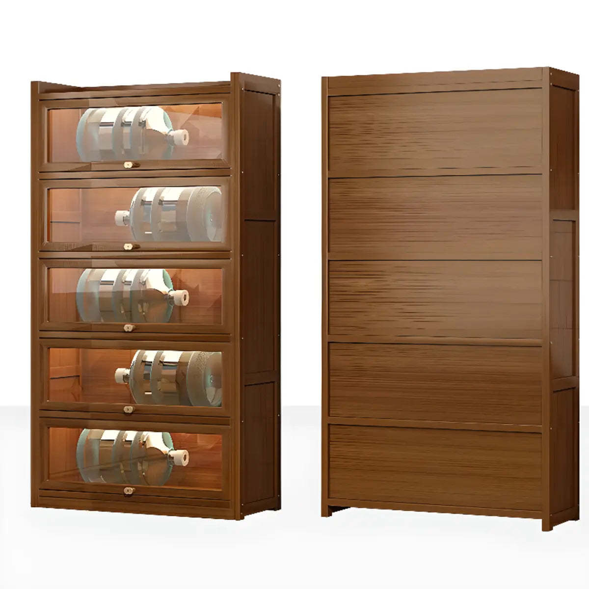 Tall Tan Wood Freestanding Sideboard with Clear Doors — Grey