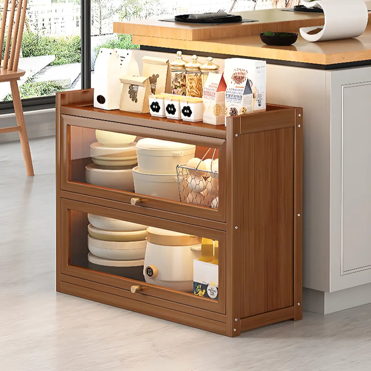 Tall Tan Wood Freestanding Sideboard with Clear Doors — Tan