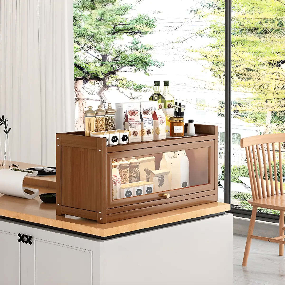 Tall Tan Wood Freestanding Sideboard with Clear Doors — Tan