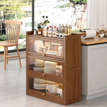 Tall Tan Wood Freestanding Sideboard with Clear Doors — Tan