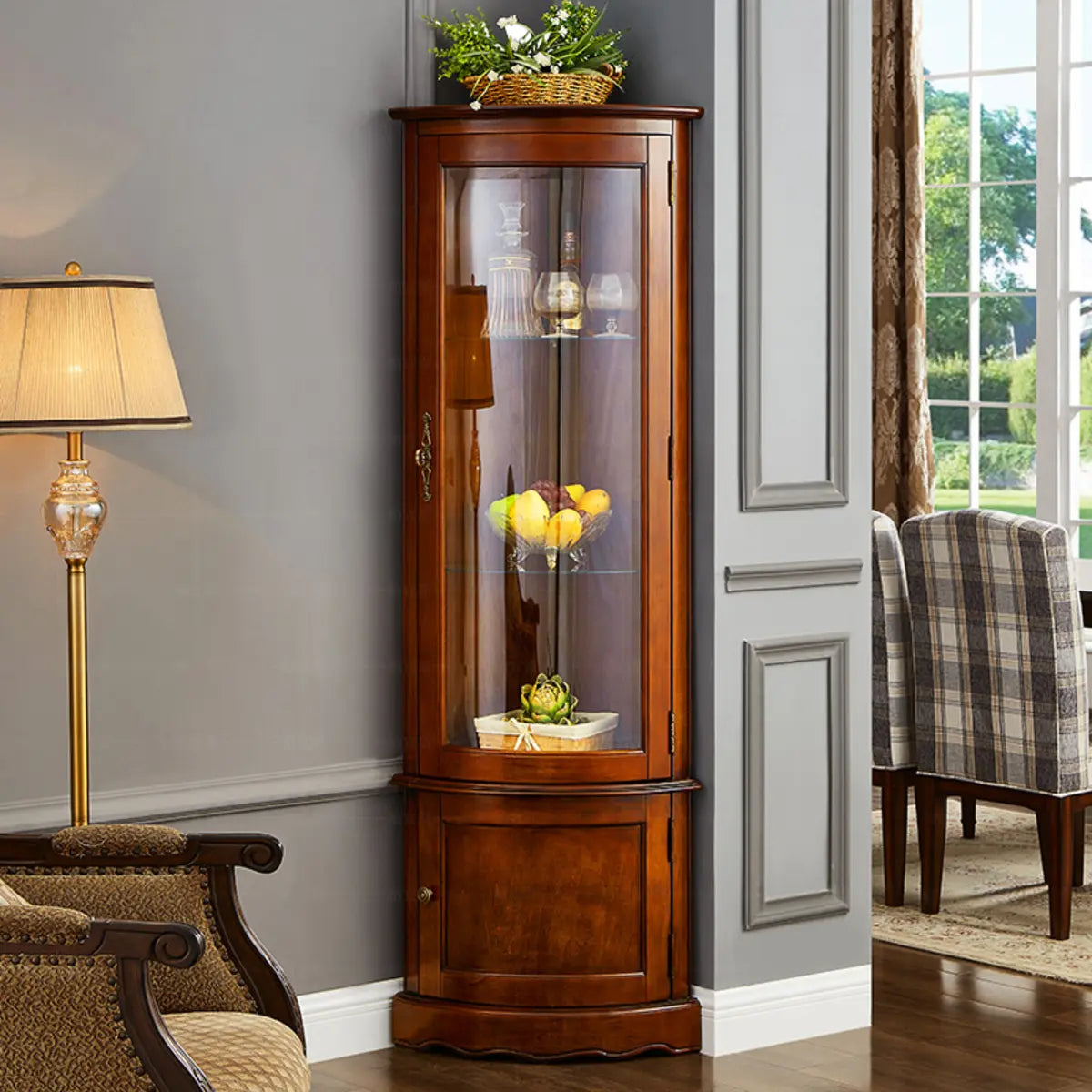Freestanding Wood Glass-Door Corner Wine Cabinet