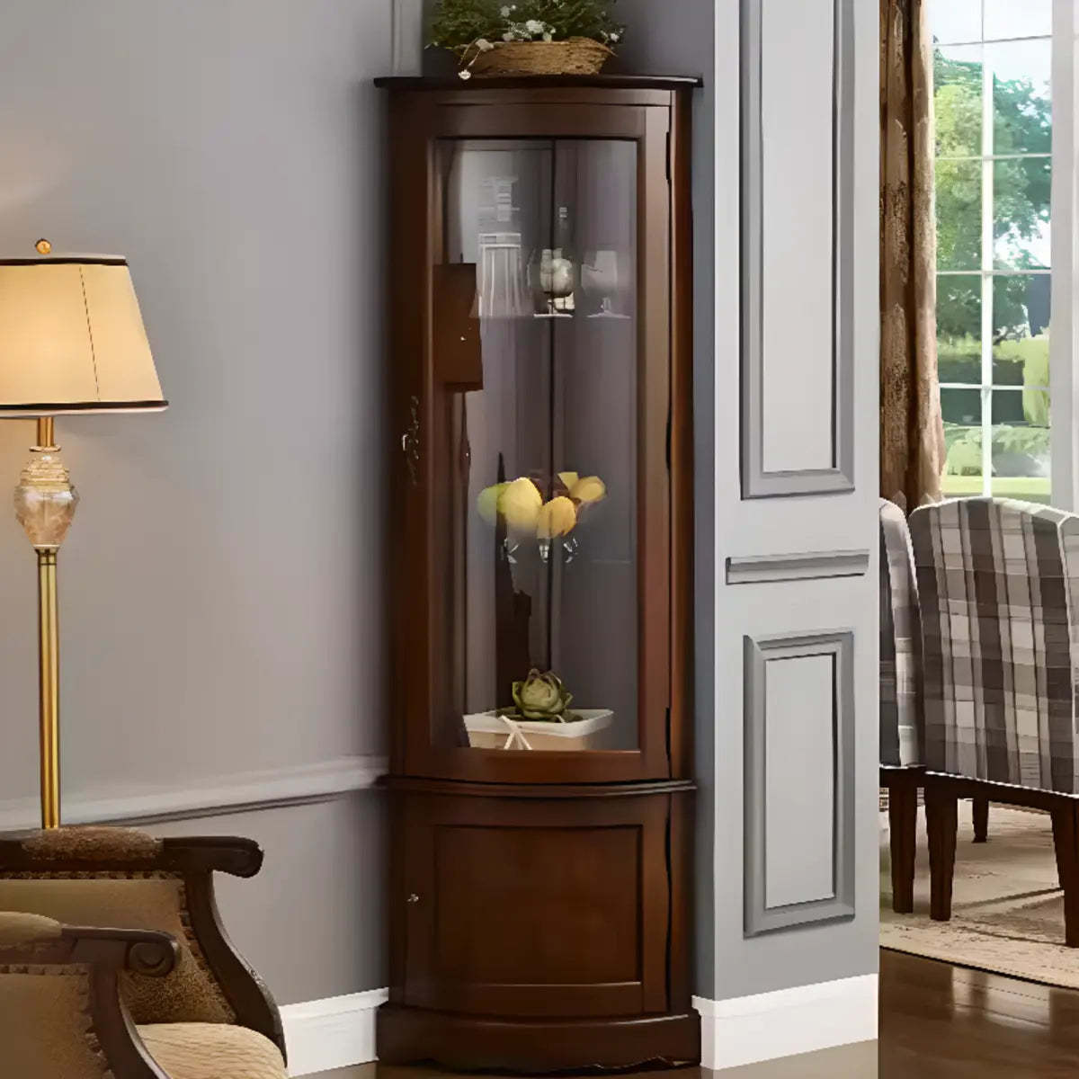 Freestanding Wood Glass-Door Corner Wine Cabinet