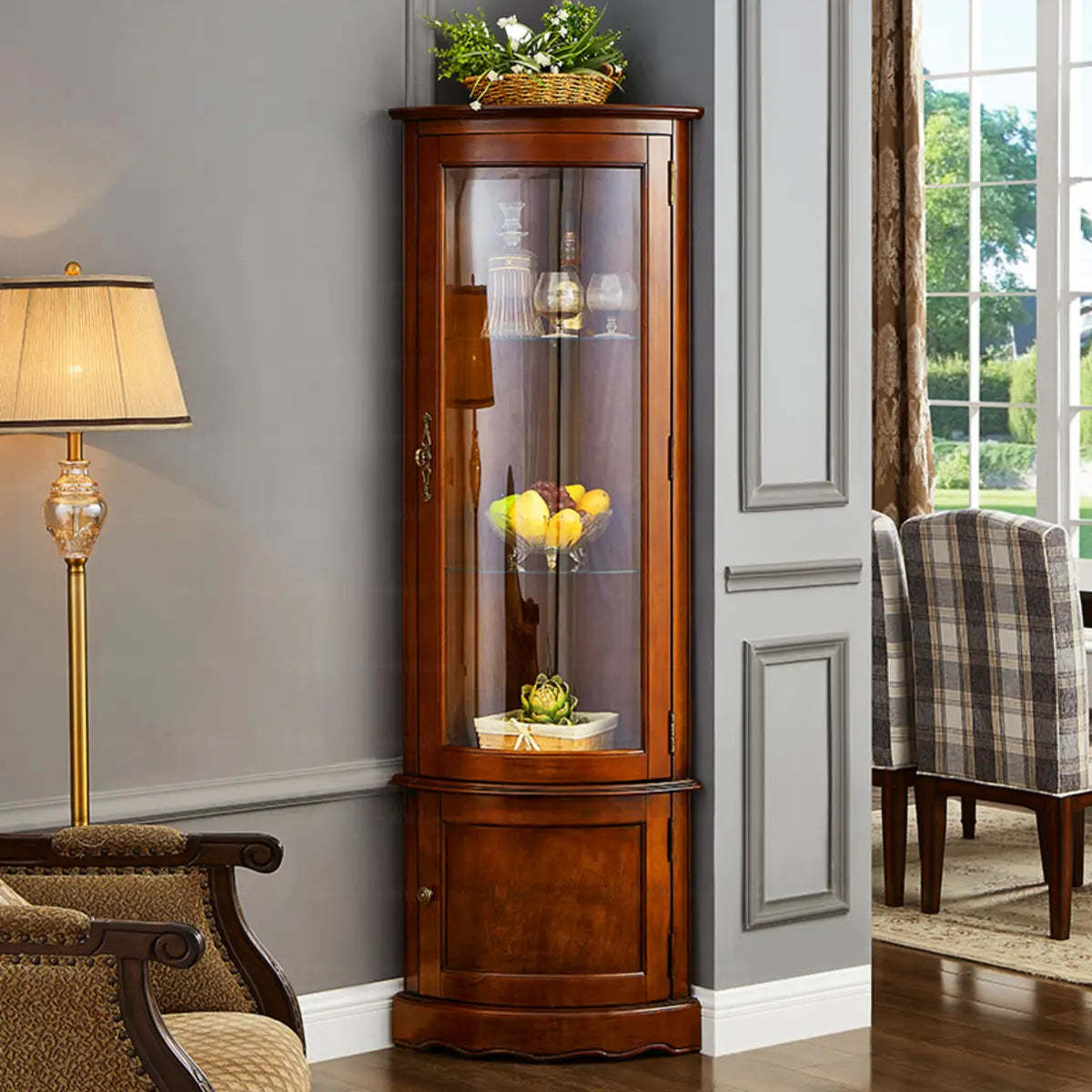Freestanding Wood Glass-Door Corner Wine Cabinet — Cherry