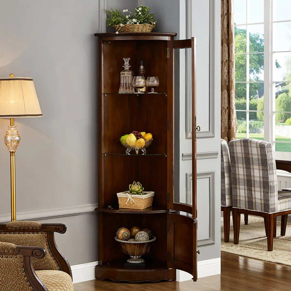 Freestanding Wood Glass-Door Corner Wine Cabinet — Walnut