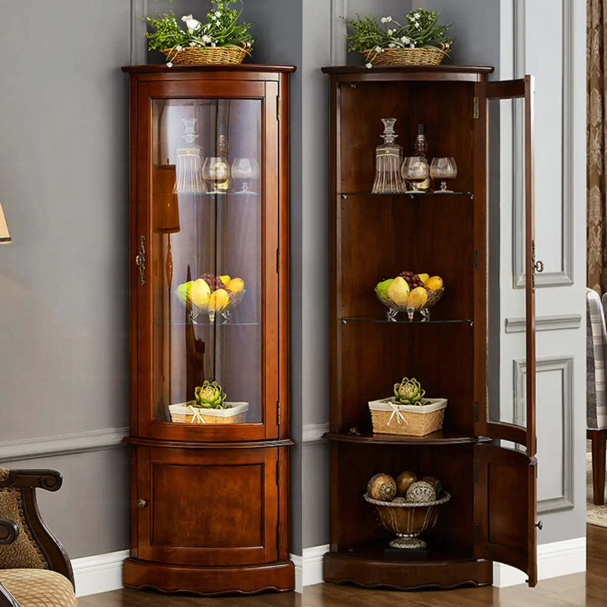 Freestanding Wood Glass-Door Corner Wine Cabinet — Cherry