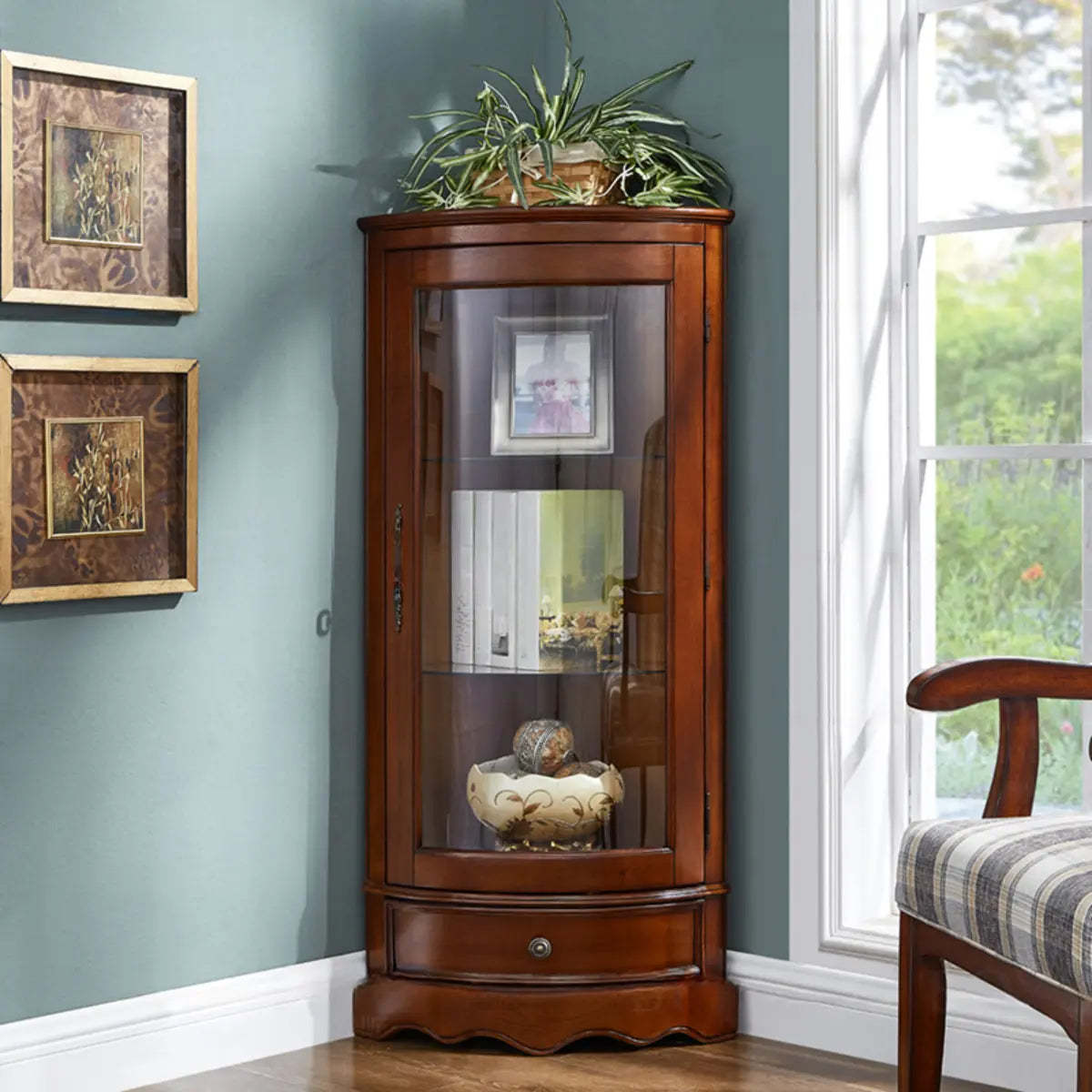 Freestanding Wood Glass-Door Corner Wine Cabinet — Walnut