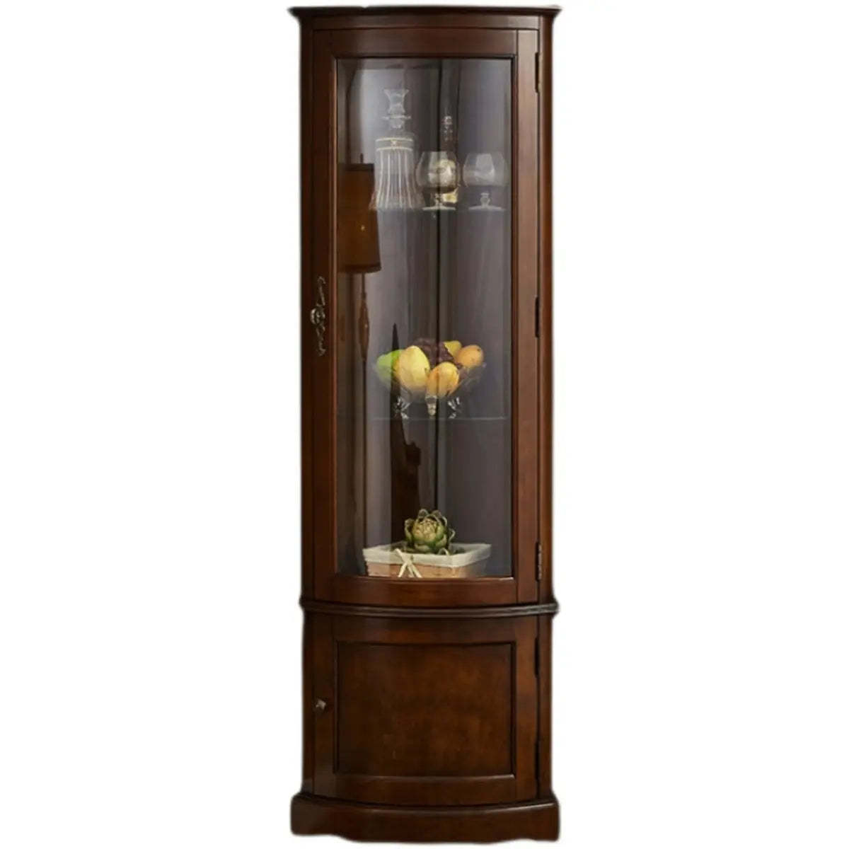 Freestanding Wood Glass-Door Corner Wine Cabinet