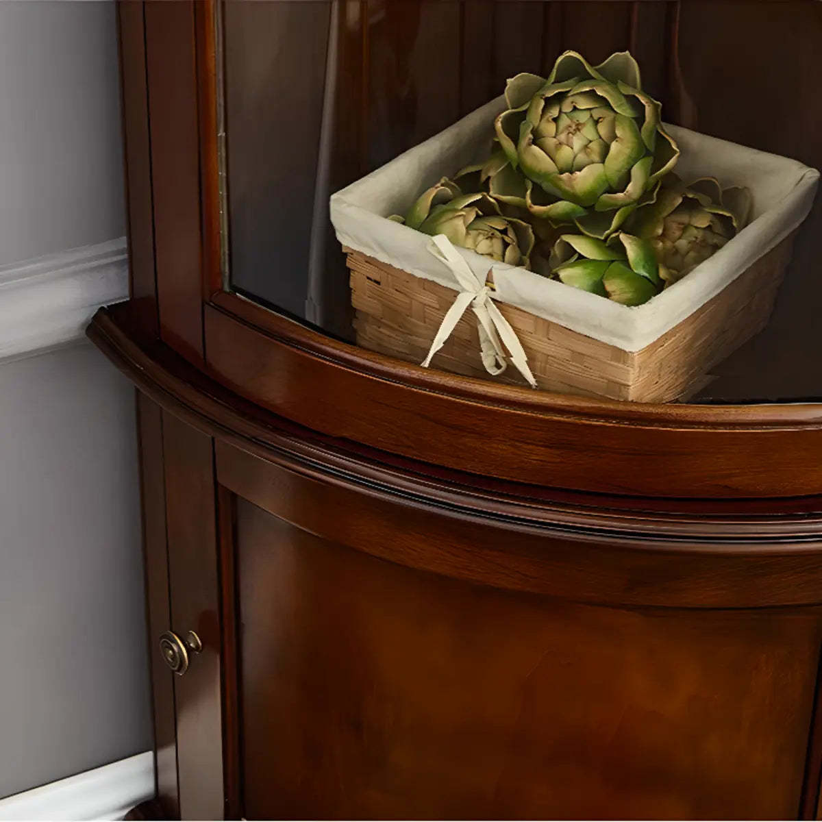 Freestanding Wood Glass-Door Corner Wine Cabinet