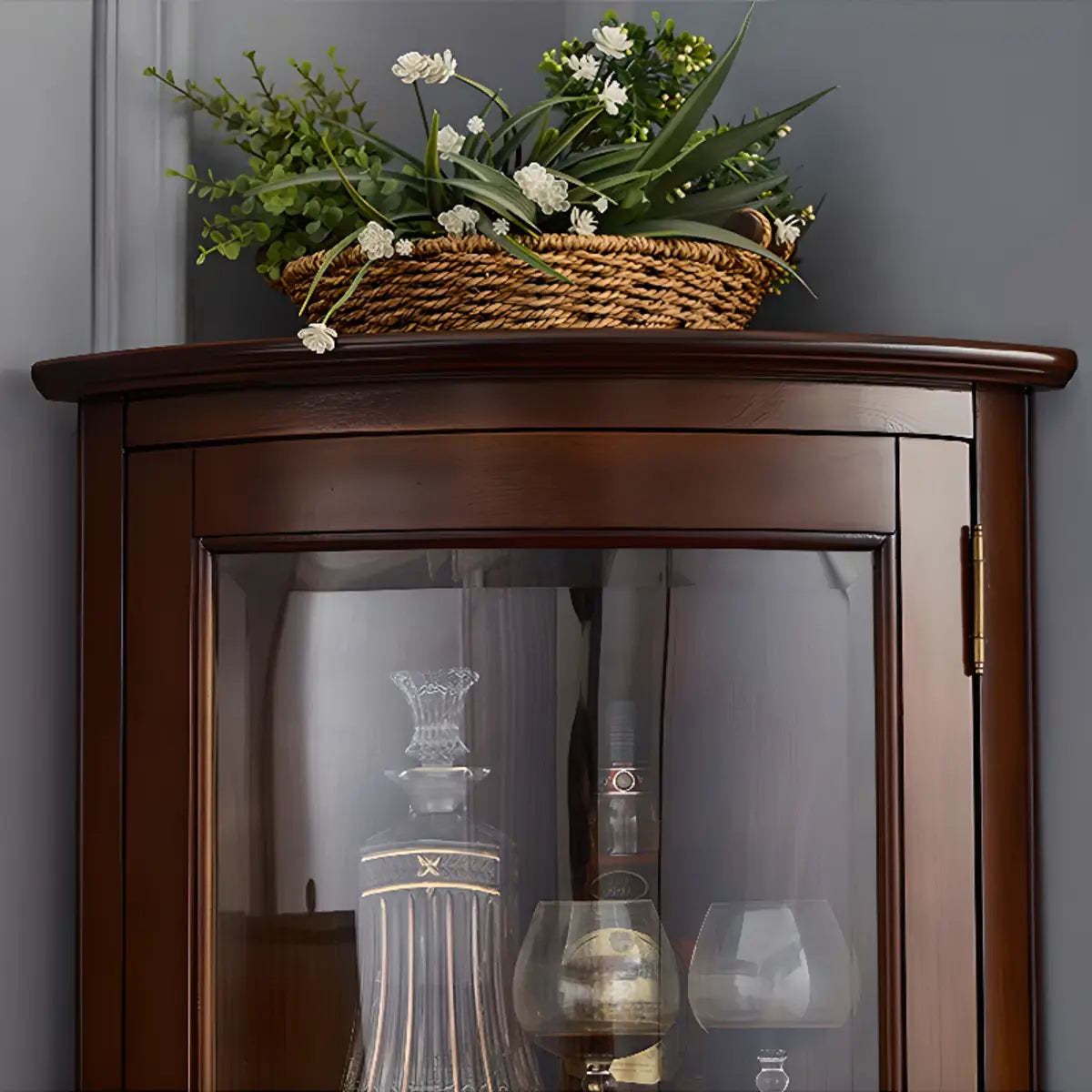 Freestanding Wood Glass-Door Corner Wine Cabinet