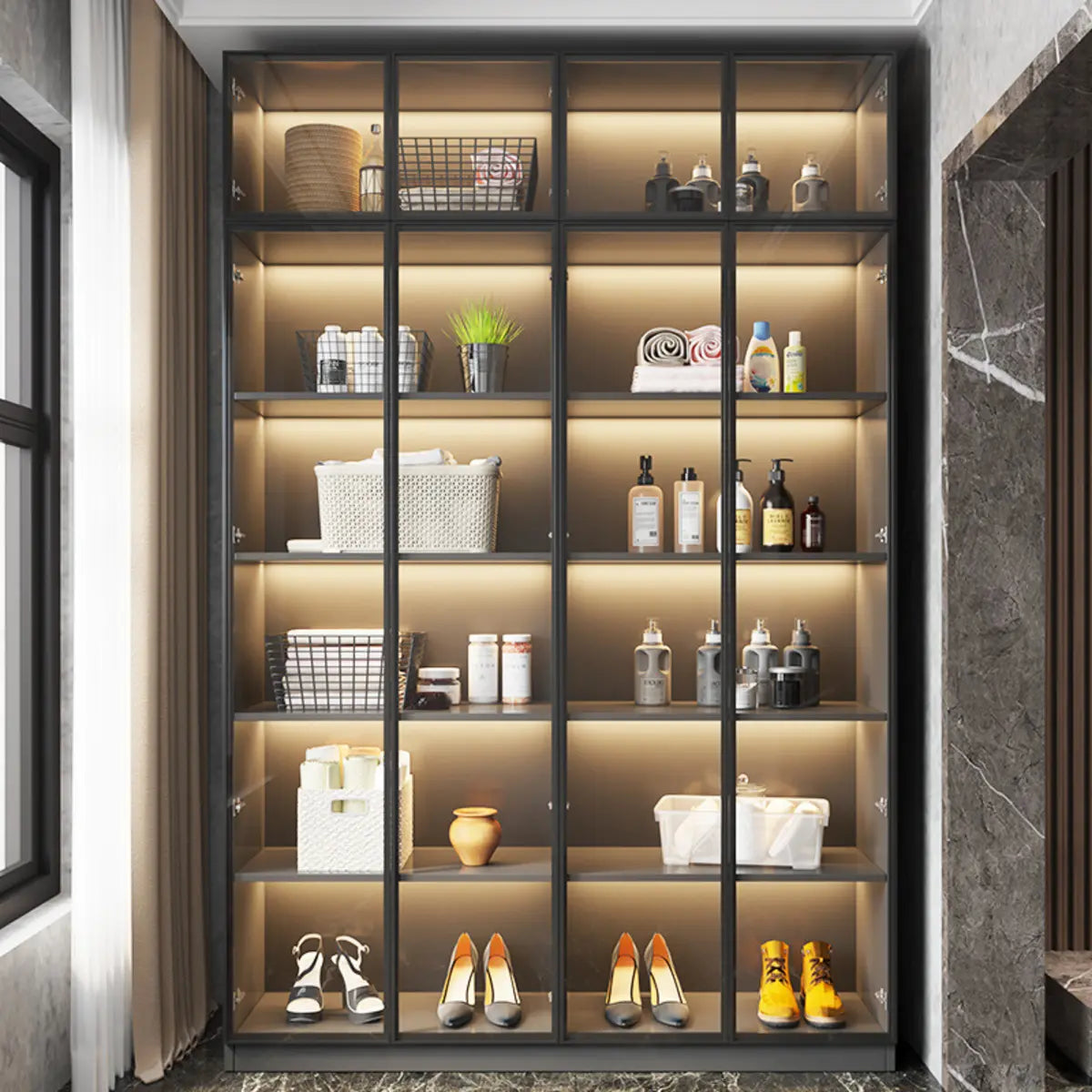 Freestanding Gray Wood Glass-Door LED Display Cabinet — Led Lights Included