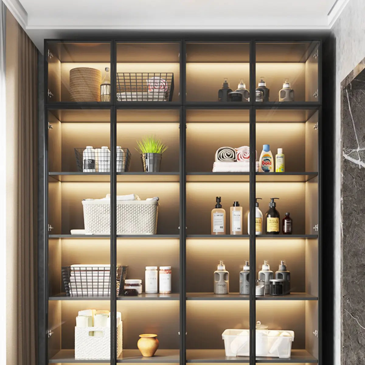 Freestanding Gray Wood Glass-Door LED Display Cabinet — Led Lights Not Included