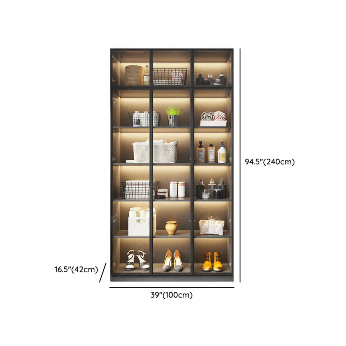 Freestanding Gray Wood Glass-Door LED Display Cabinet — Led Lights Included