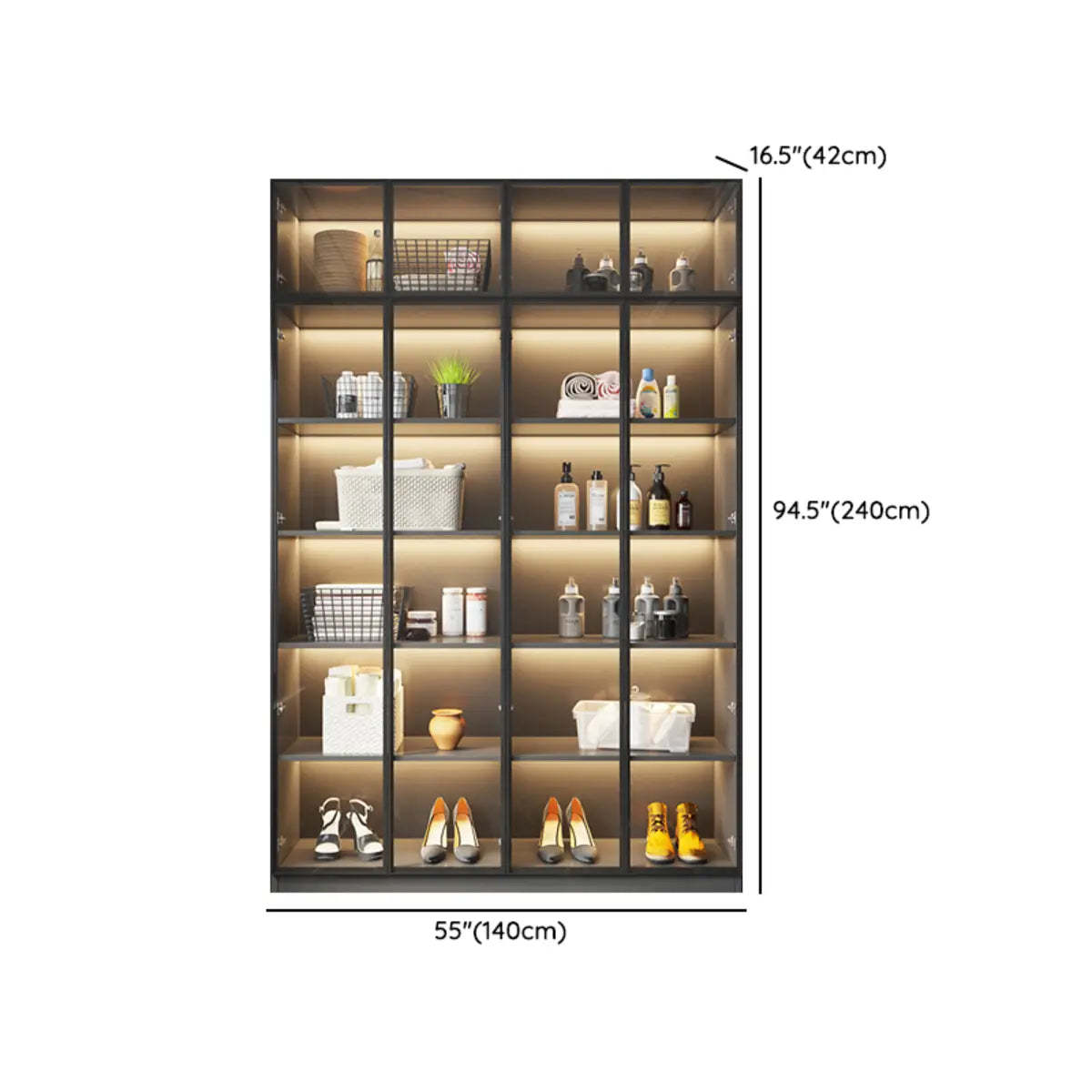 Freestanding Gray Wood Glass-Door LED Display Cabinet — Led Lights Included