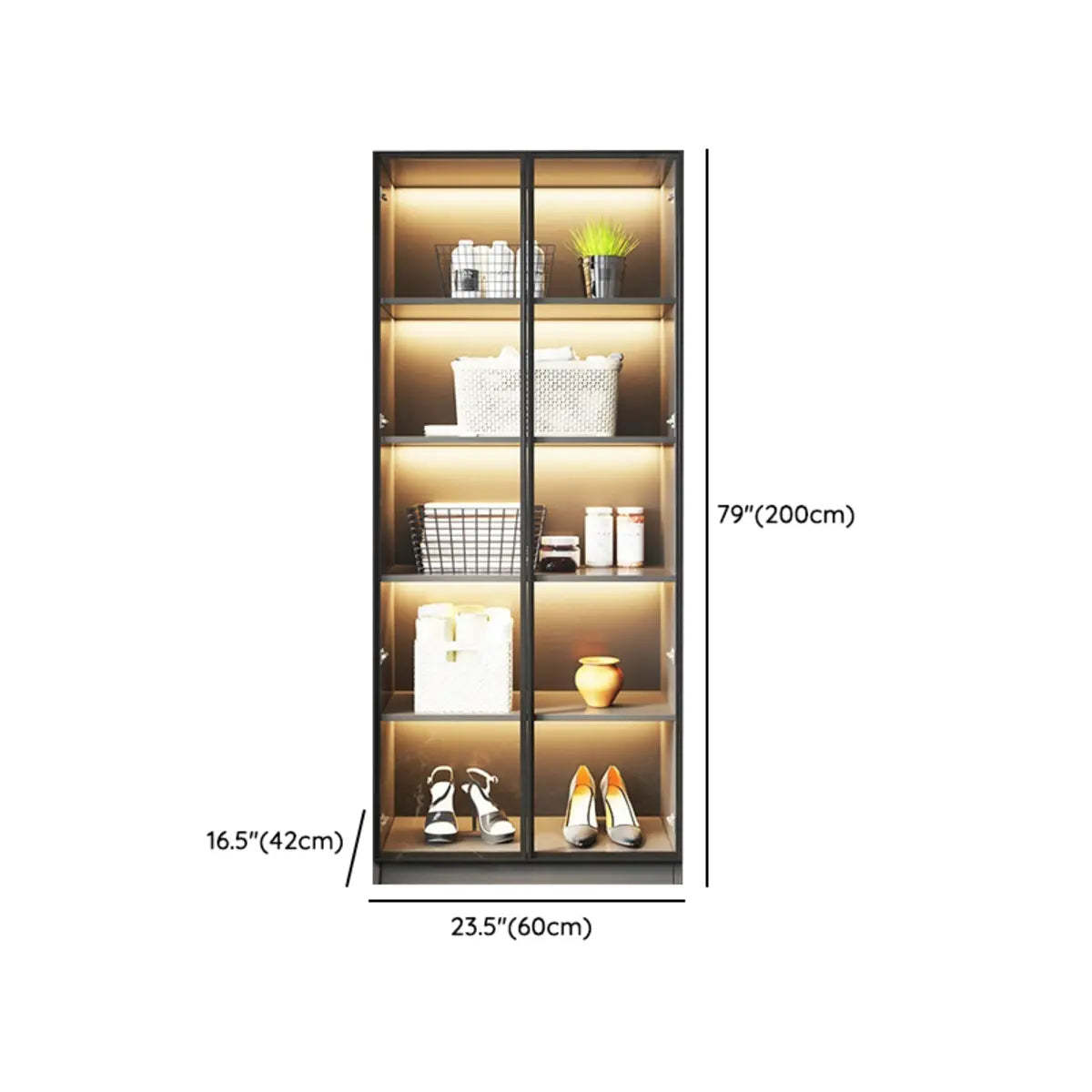 Freestanding Gray Wood Glass-Door LED Display Cabinet — Led Lights Included