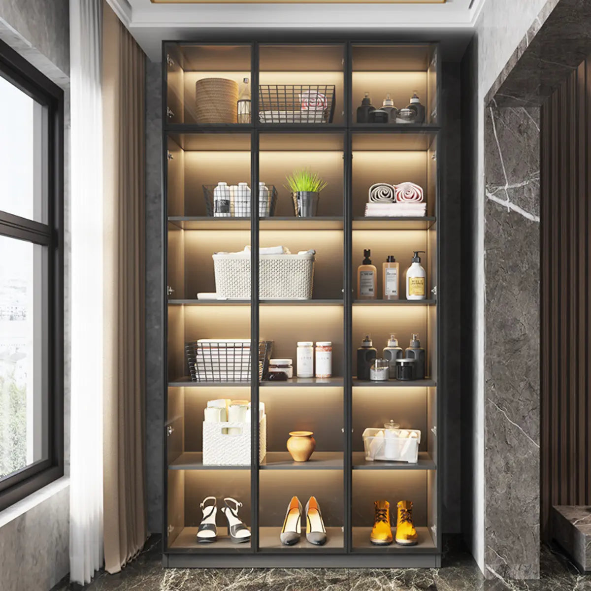 Freestanding Gray Wood Glass-Door LED Display Cabinet — Led Lights Not Included