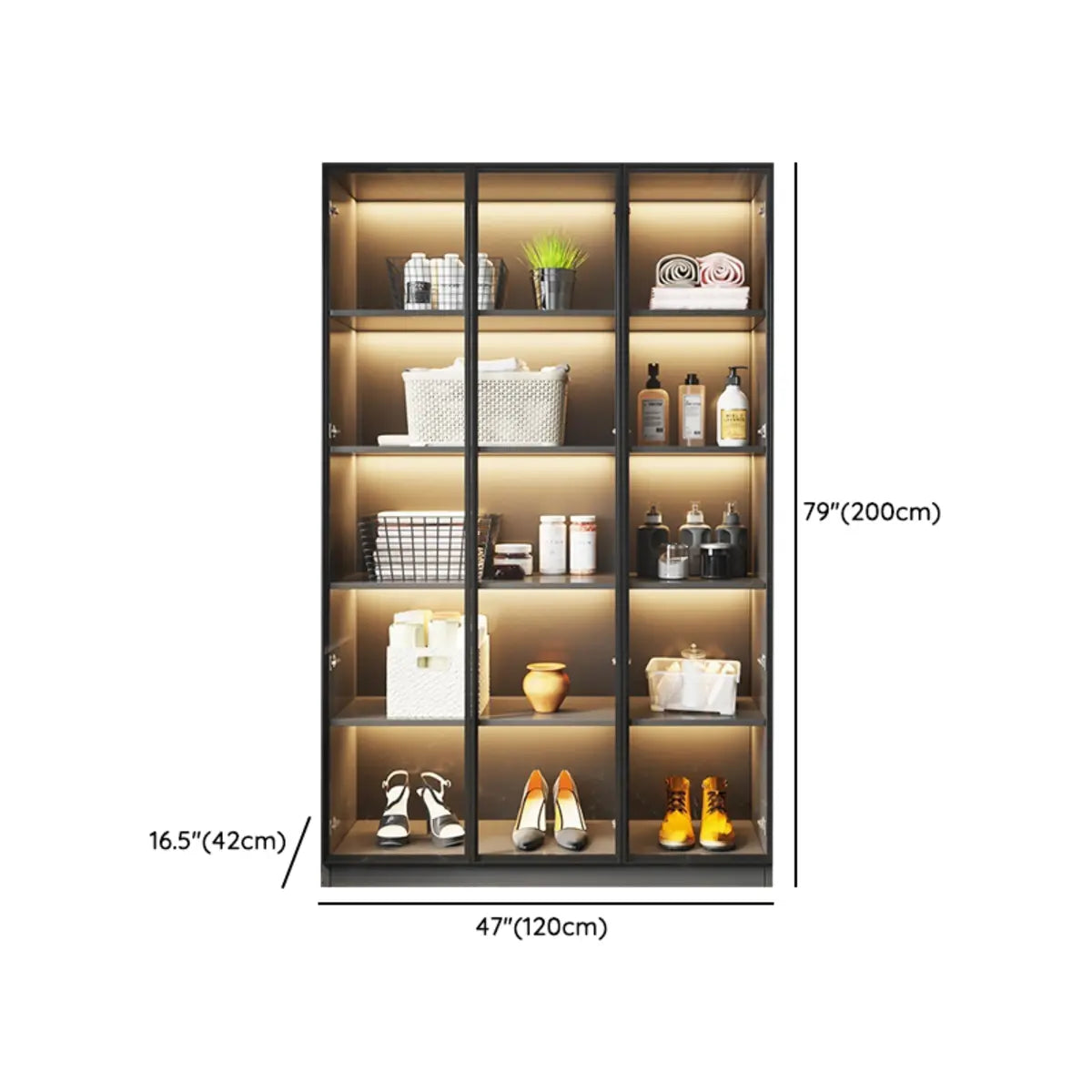 Freestanding Gray Wood Glass-Door LED Display Cabinet