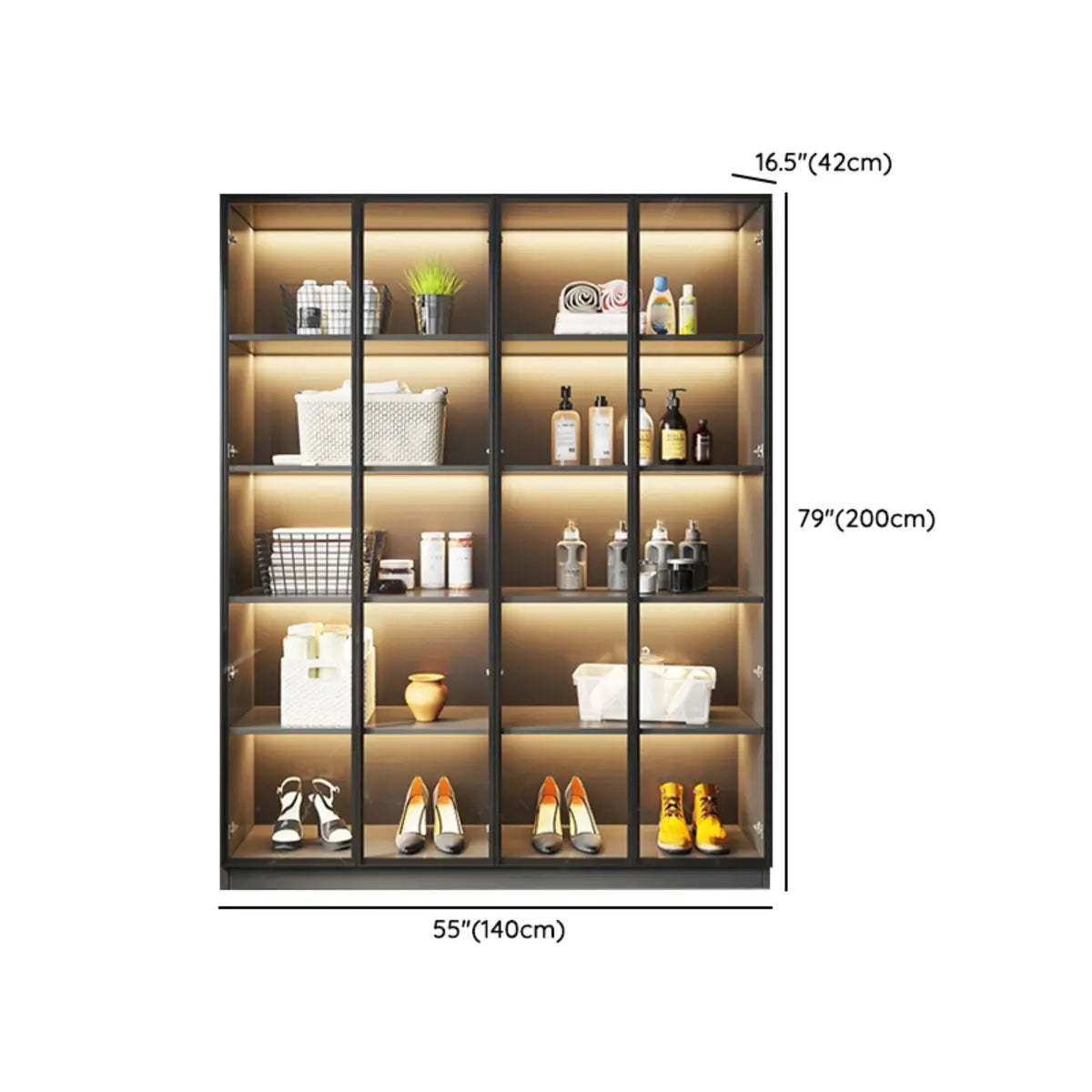 Freestanding Gray Wood Glass-Door LED Display Cabinet