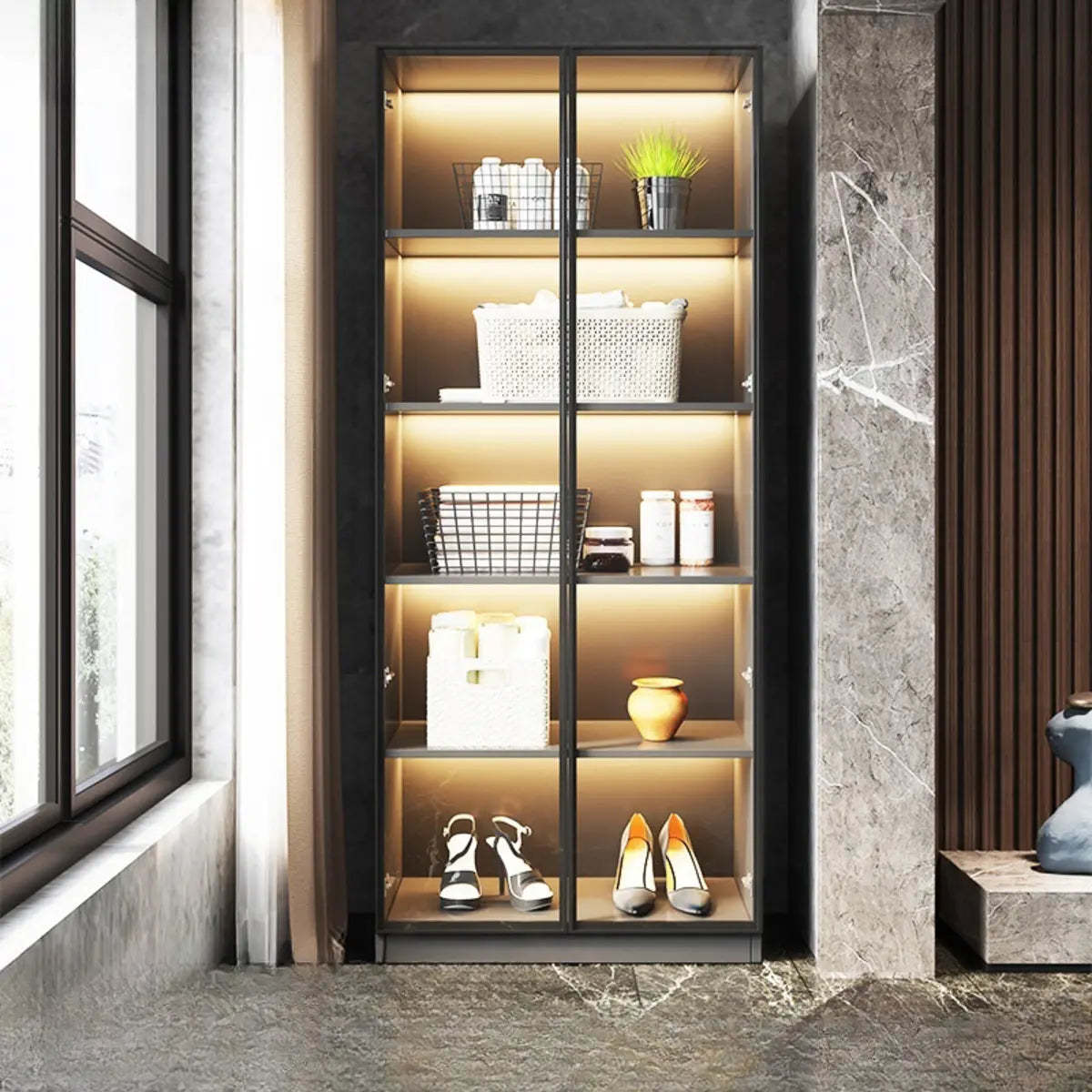 Freestanding Gray Wood Glass-Door LED Display Cabinet — Led Lights Included