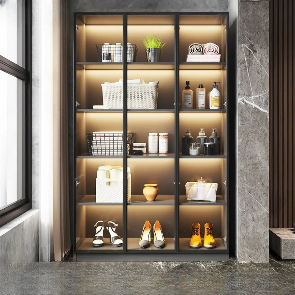 Freestanding Gray Wood Glass-Door LED Display Cabinet — Led Lights Not Included