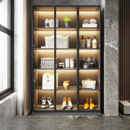 Freestanding Gray Wood Glass-Door LED Display Cabinet — Led Lights Not Included
