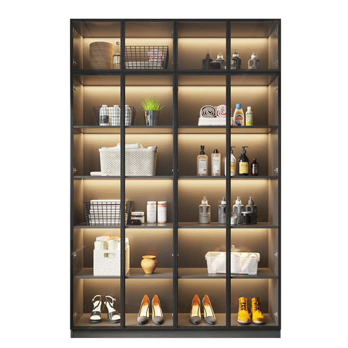 Freestanding Gray Wood Glass-Door LED Display Cabinet — Led Lights Included