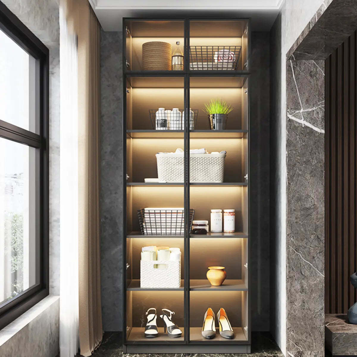 Freestanding Gray Wood Glass-Door LED Display Cabinet — Led Lights Not Included