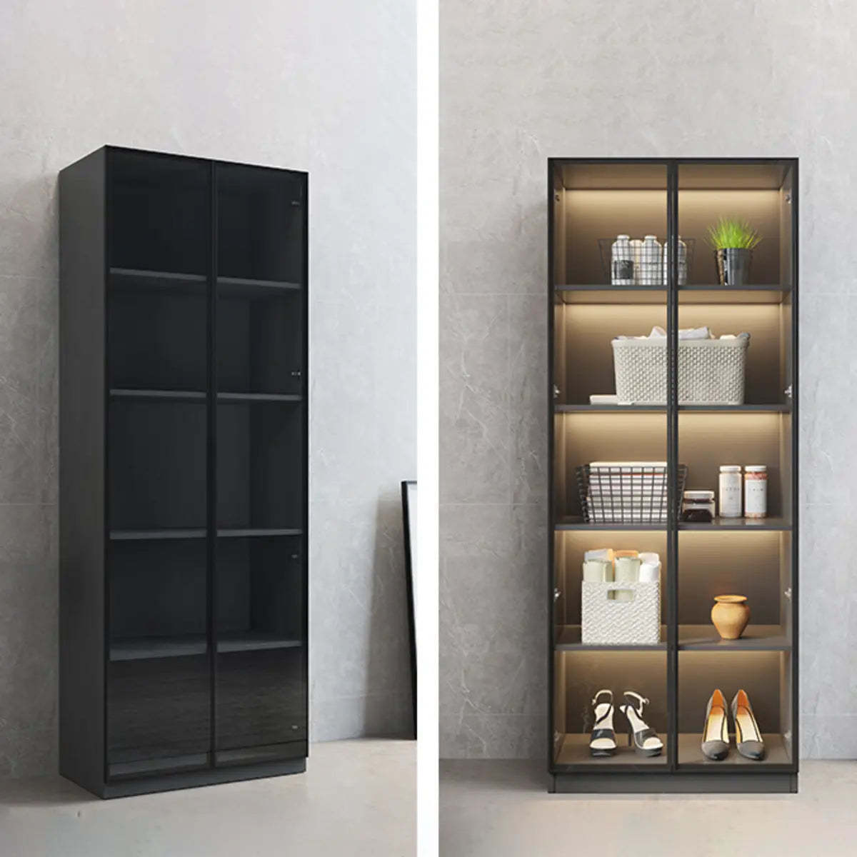 Freestanding Gray Wood Glass-Door LED Display Cabinet — Led Lights Not Included