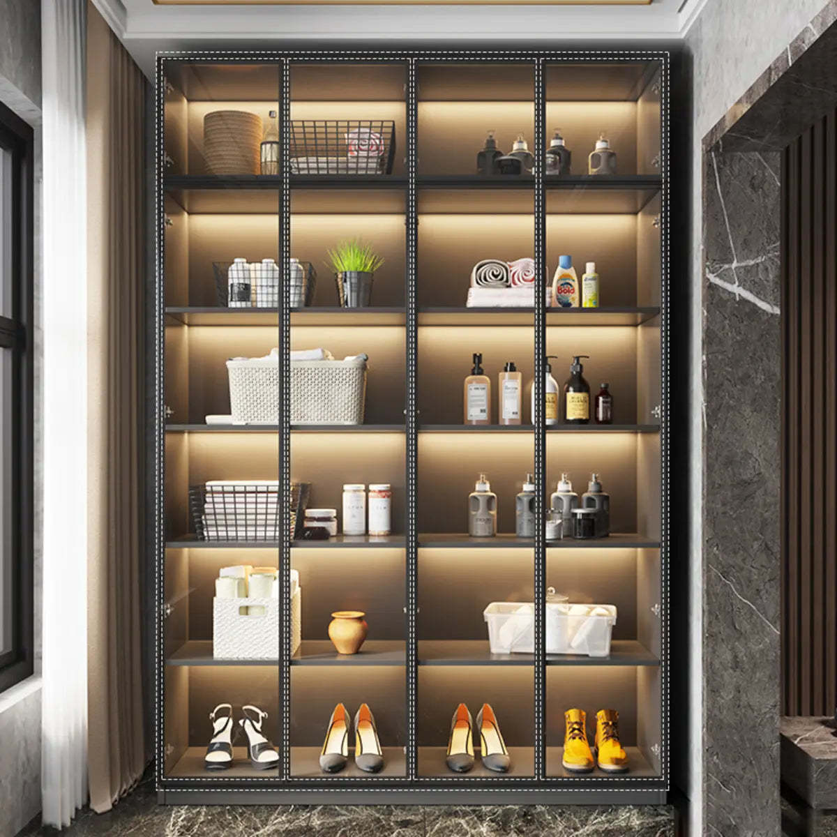 Freestanding Gray Wood Glass-Door LED Display Cabinet — Led Lights Not Included