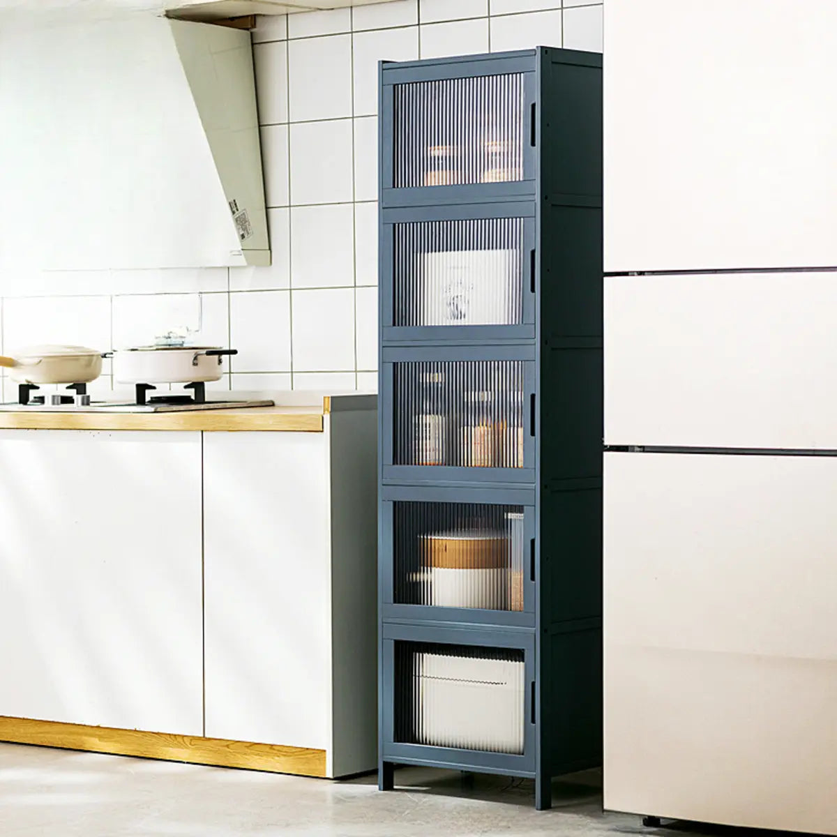 Freestanding Tall Wood Kitchen China Cabinet — Embossed Acrylic