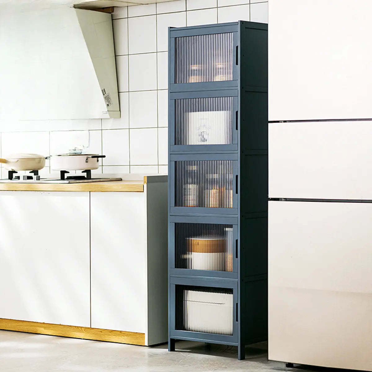 Freestanding Tall Wood Kitchen China Cabinet — Embossed Acrylic