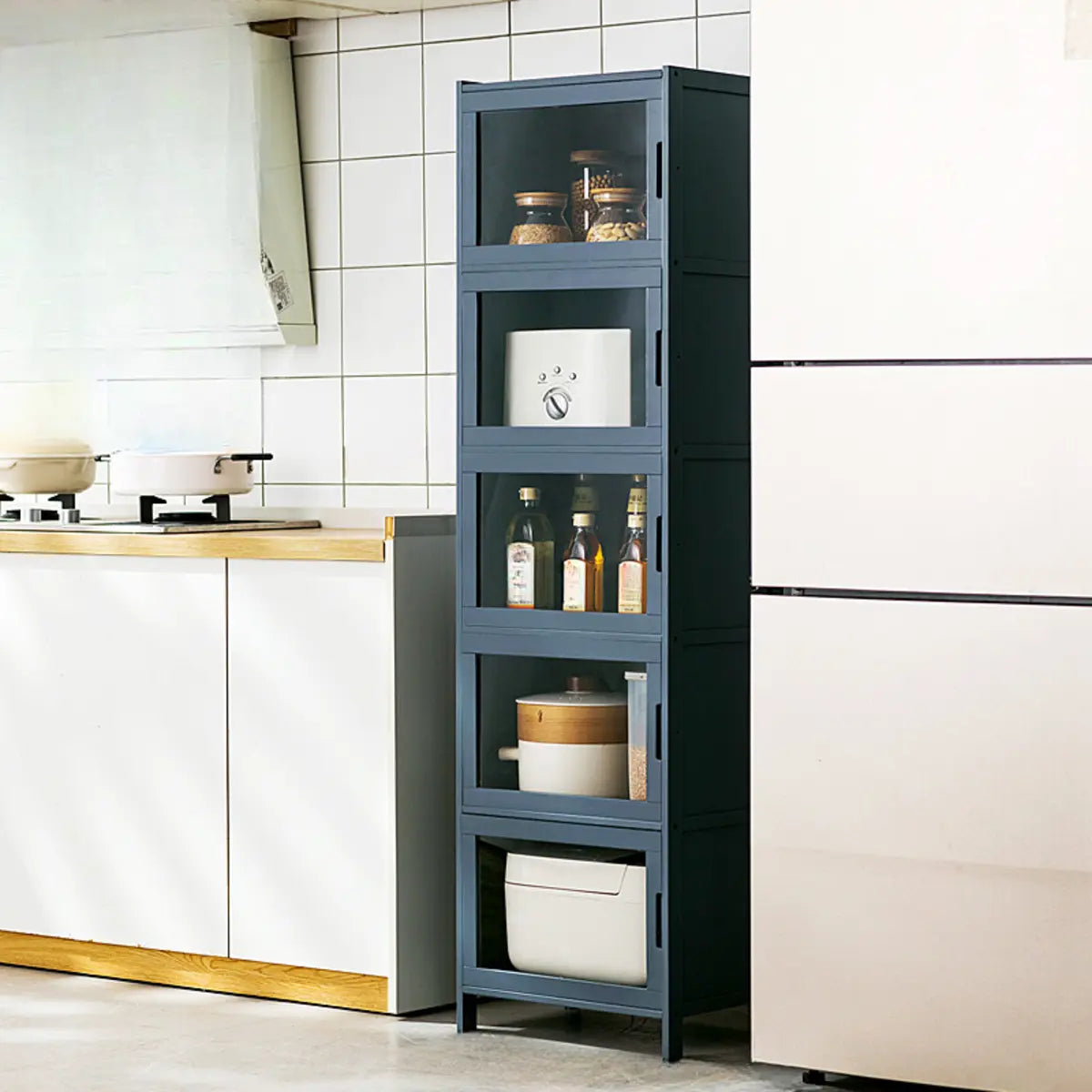 Freestanding Tall Wood Kitchen China Cabinet — Embossed Acrylic
