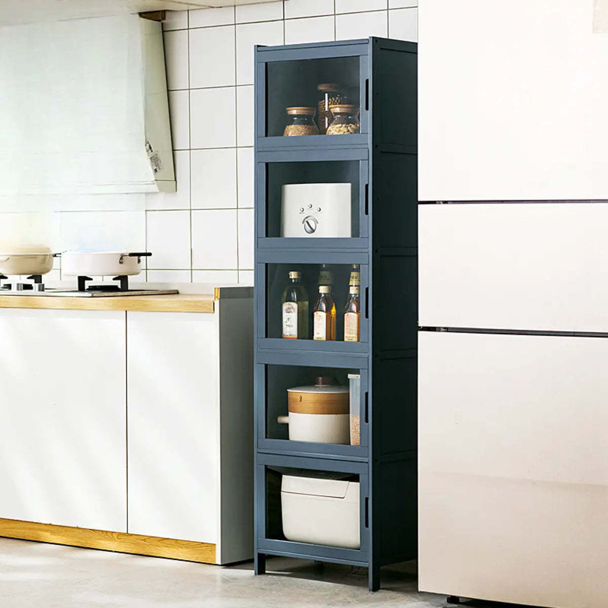 Freestanding Tall Wood Kitchen China Cabinet — Embossed Acrylic