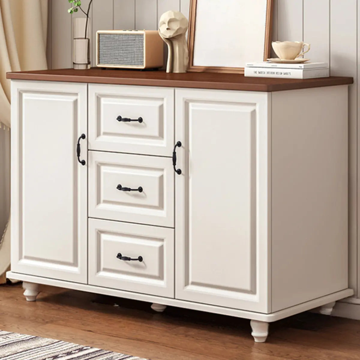 Freestanding Wood Slab White Buffet — Walnut/ White