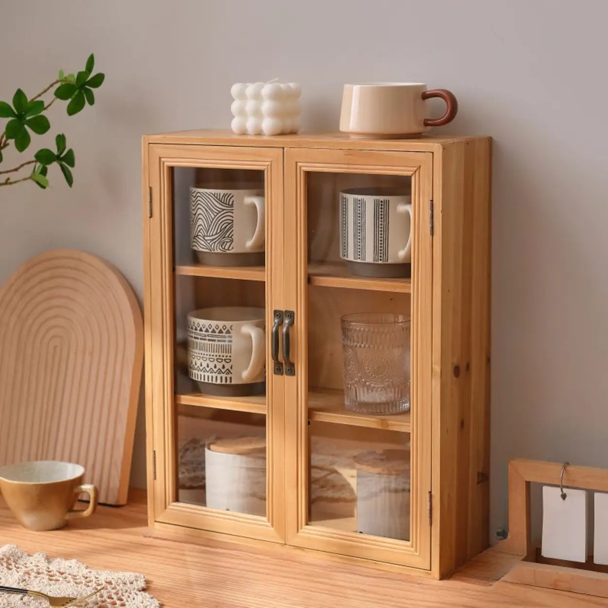 Freestanding Wood Rectangular Small China Cabinet — Natural Finish