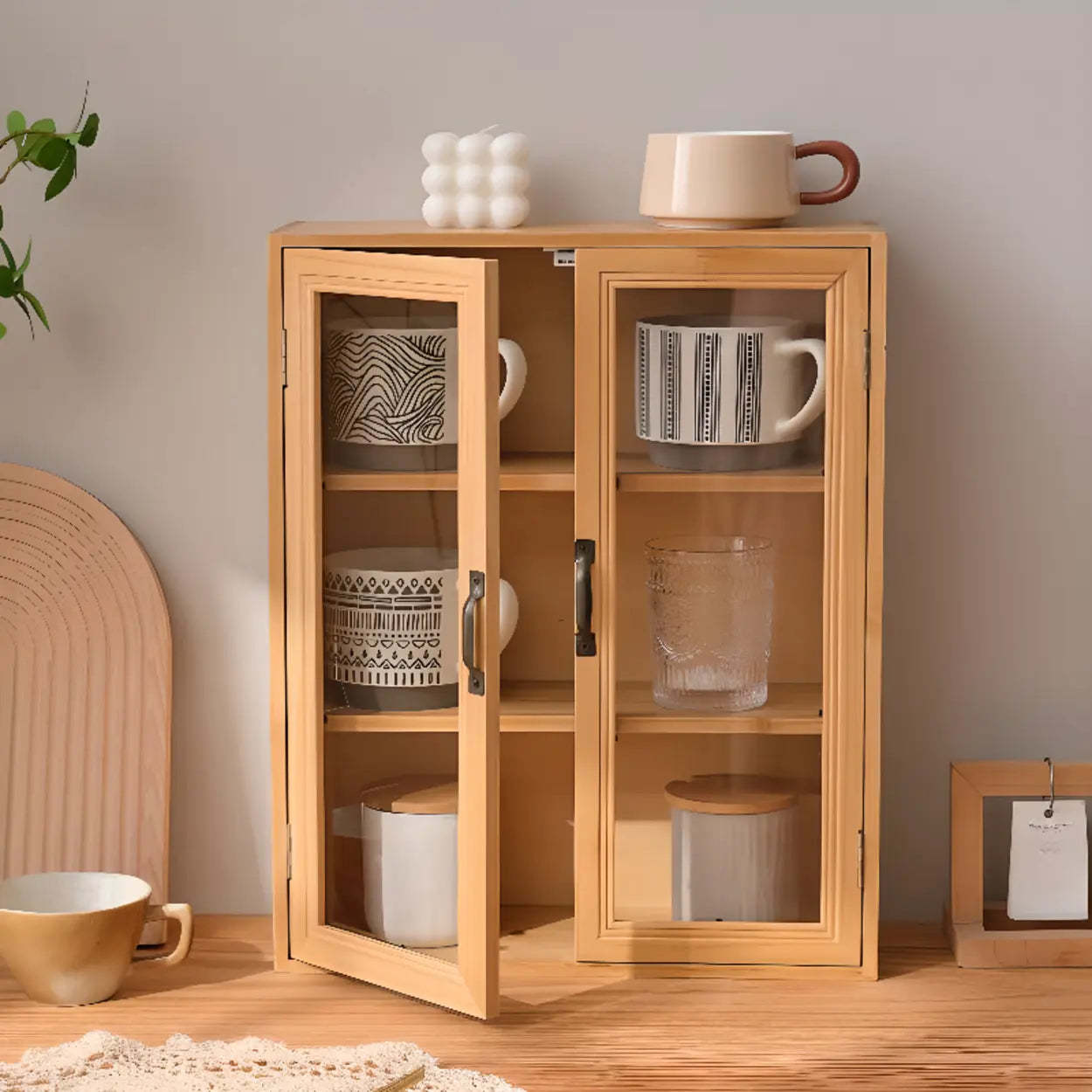 Freestanding Wood Rectangular Small China Cabinet — Natural Finish