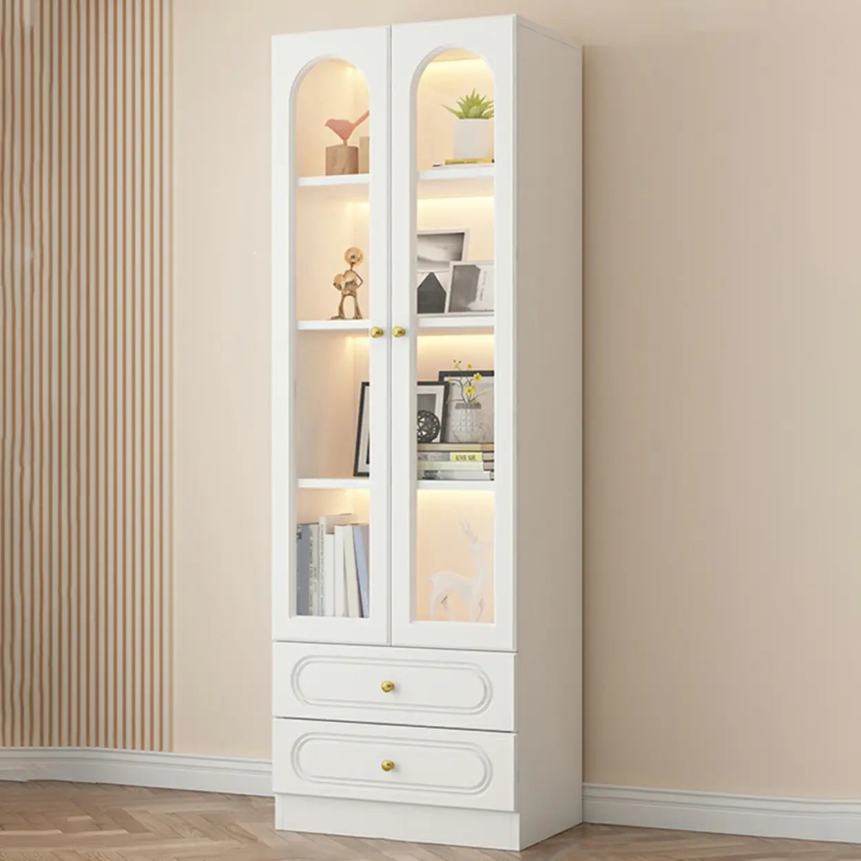 French Elegant Arched White Wood Closed Cabinet Bookcase