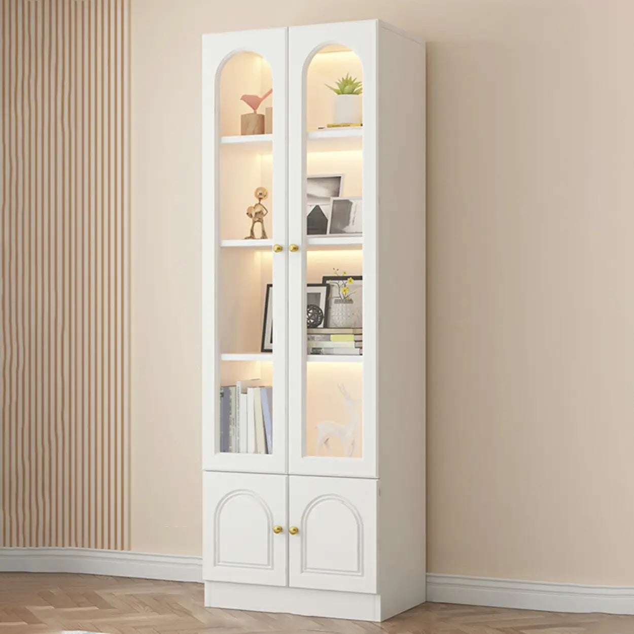 French Elegant Arched White Wood Closed Cabinet Bookcase — 2 / Transparent Glass