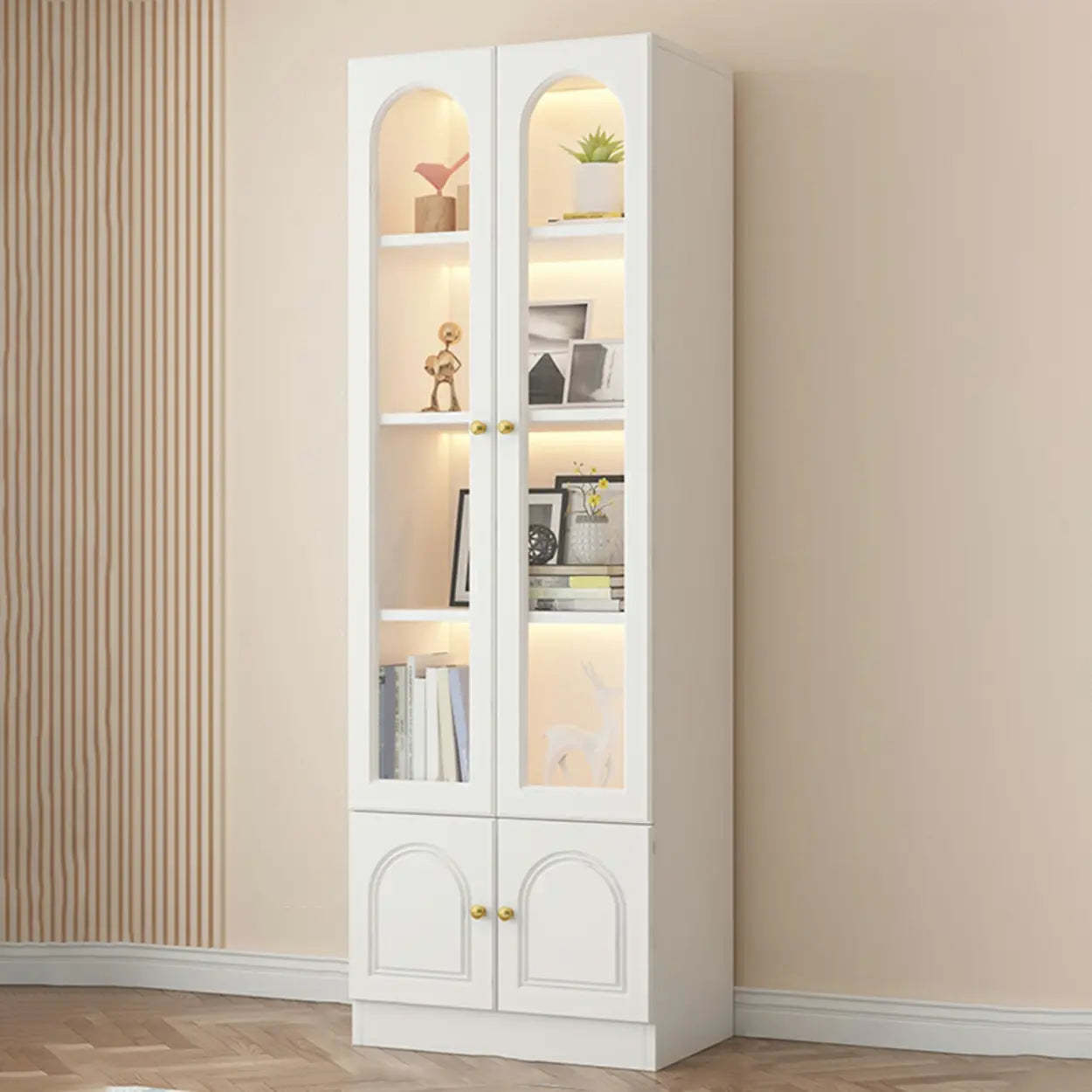 Lighom modern arched closed white display cabinets in wood — 24" L x 13" W x 72" H / Without Drawers / Clear Glass