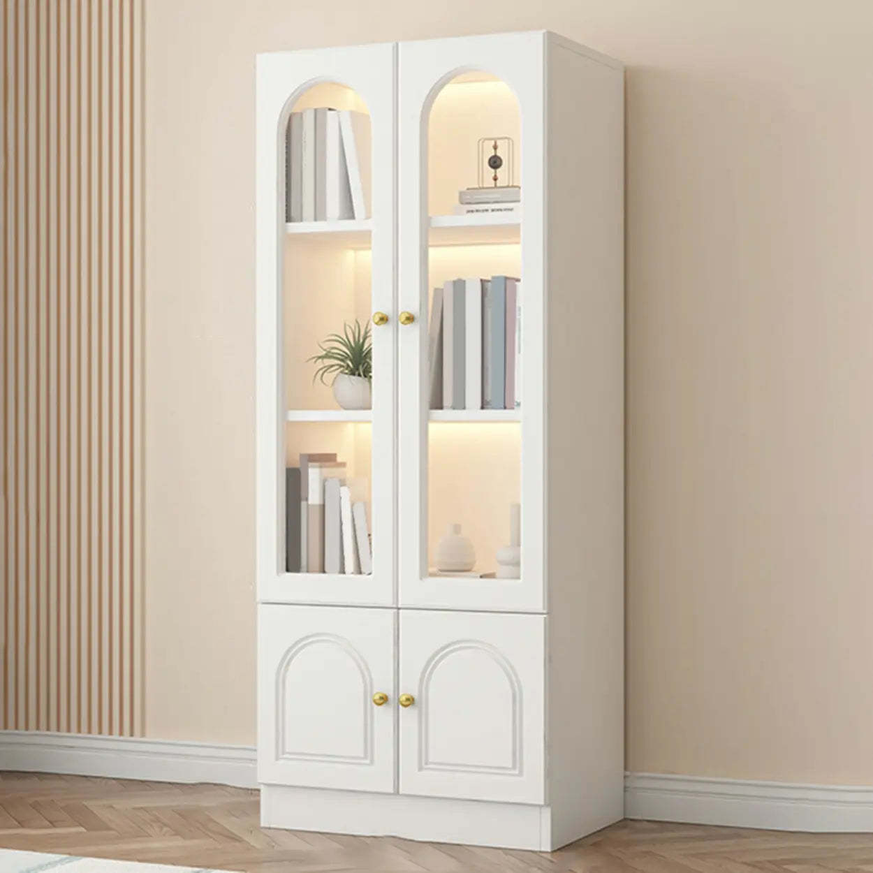 French Elegant Arched White Wood Closed Cabinet Bookcase — 2 / Transparent Glass