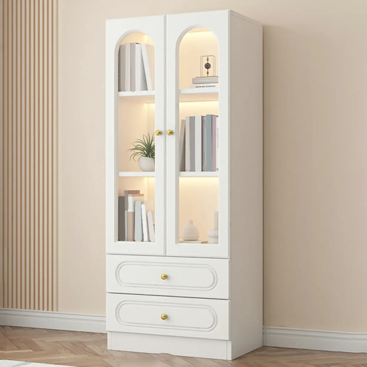 French Elegant Arched White Wood Closed Cabinet Bookcase — Drawer Not Included / Changhong Glass