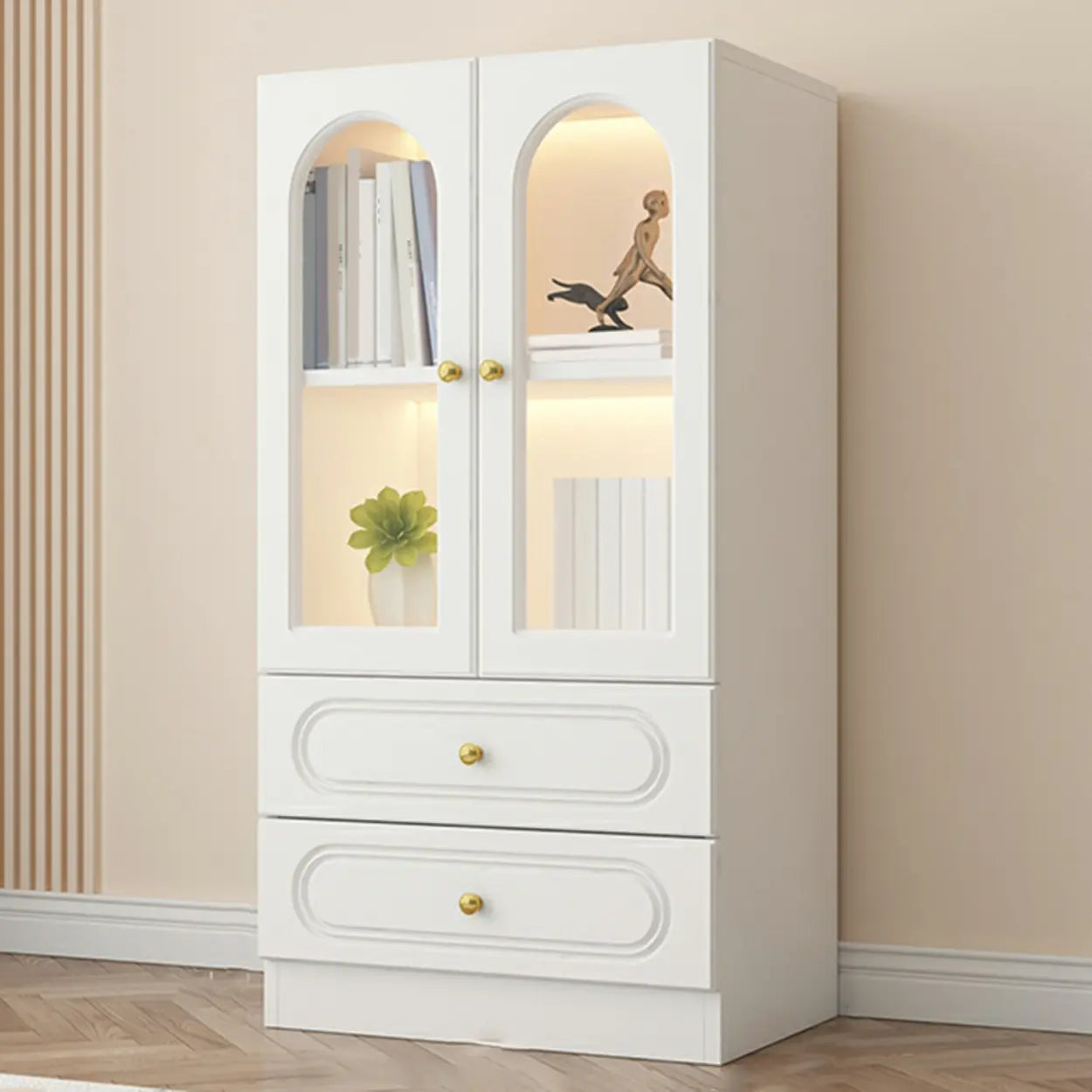 French Elegant Arched White Wood Closed Cabinet Bookcase — Drawer Not Included / Changhong Glass