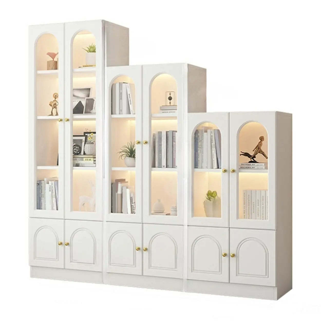 French Elegant Arched White Wood Closed Cabinet Bookcase — Drawer Not Included / Transparent Glass