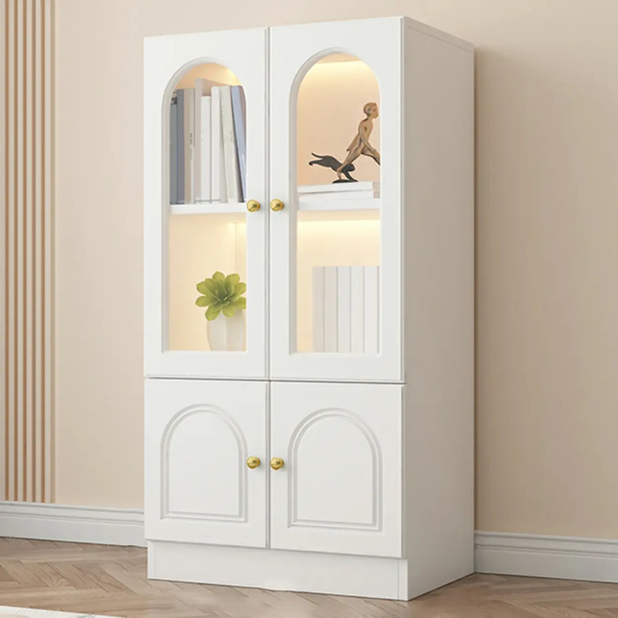 French Elegant Arched White Wood Closed Cabinet Bookcase — Drawer Not Included / Transparent Glass
