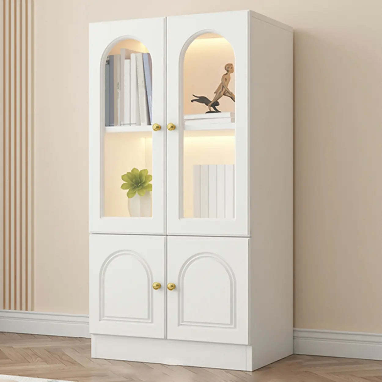 French Elegant Arched White Wood Closed Cabinet Bookcase — Drawer Not Included / Transparent Glass