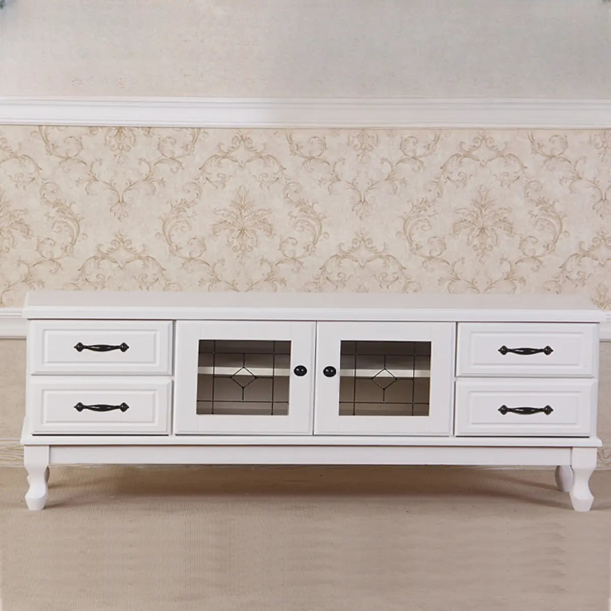 French Country Matte White Wood Rectangular TV Stand — Honey