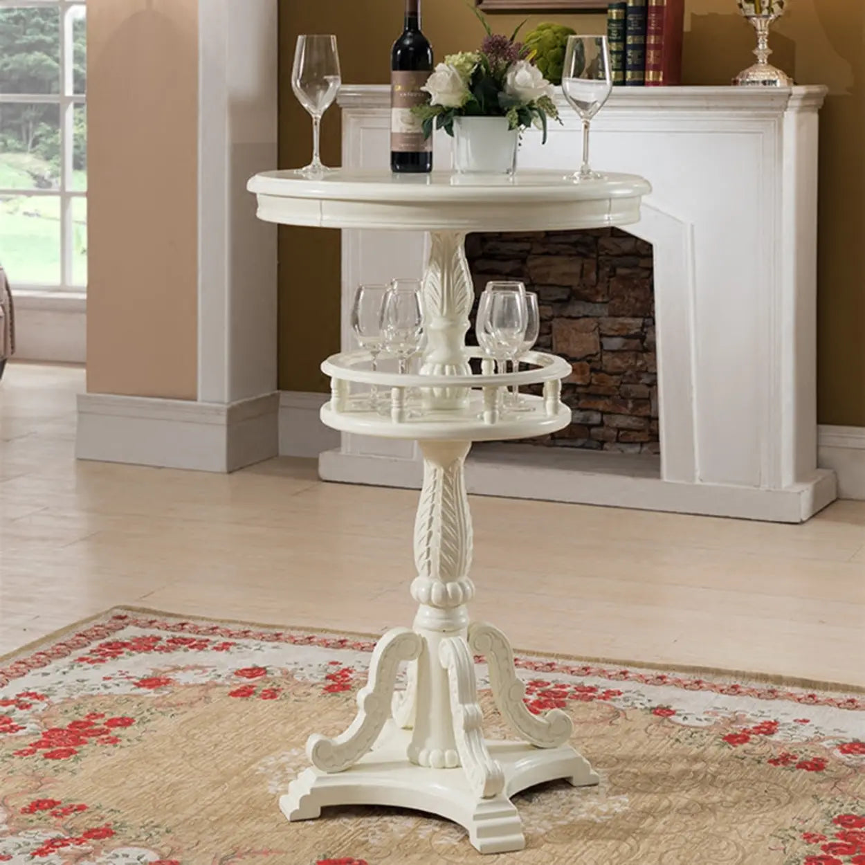 French Country Small Round Wood Bar Table with Shelf
