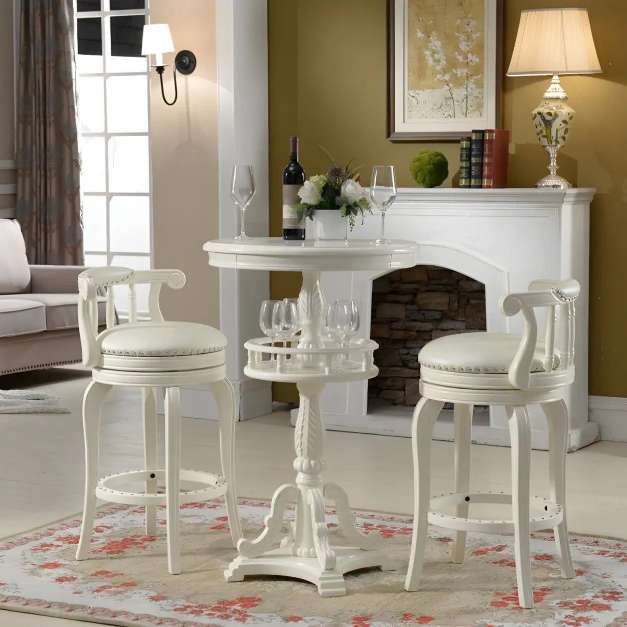 French Country Small Round Wood Bar Table with Shelf — Cherry / Table Only