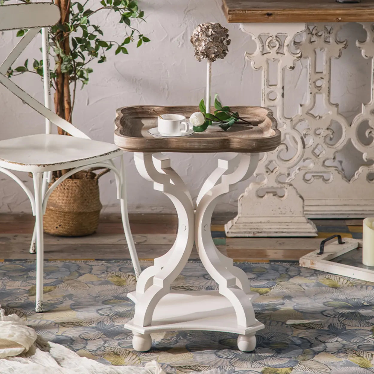 French Country White Carved Wood Side Table